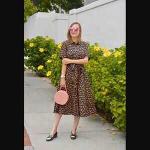 J. Crew Black Leopard Shirt Midi Dress with Pink and Orange Floral Pattern 14